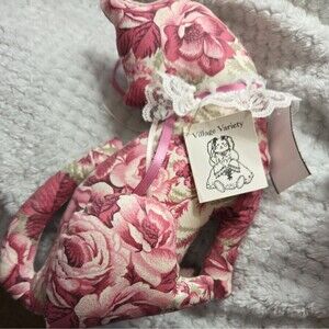 Vintage Kitty Cat Doorstop Yarn Ball Pink Roses Floral Pattern Plush Stuffed Cat